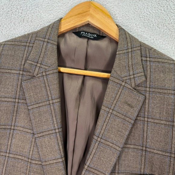 NEW Jos A BANK Traveler Blazer Mens 44L Brown Plaid Wool Tailored Fit Jacket - Picture 1 of 13